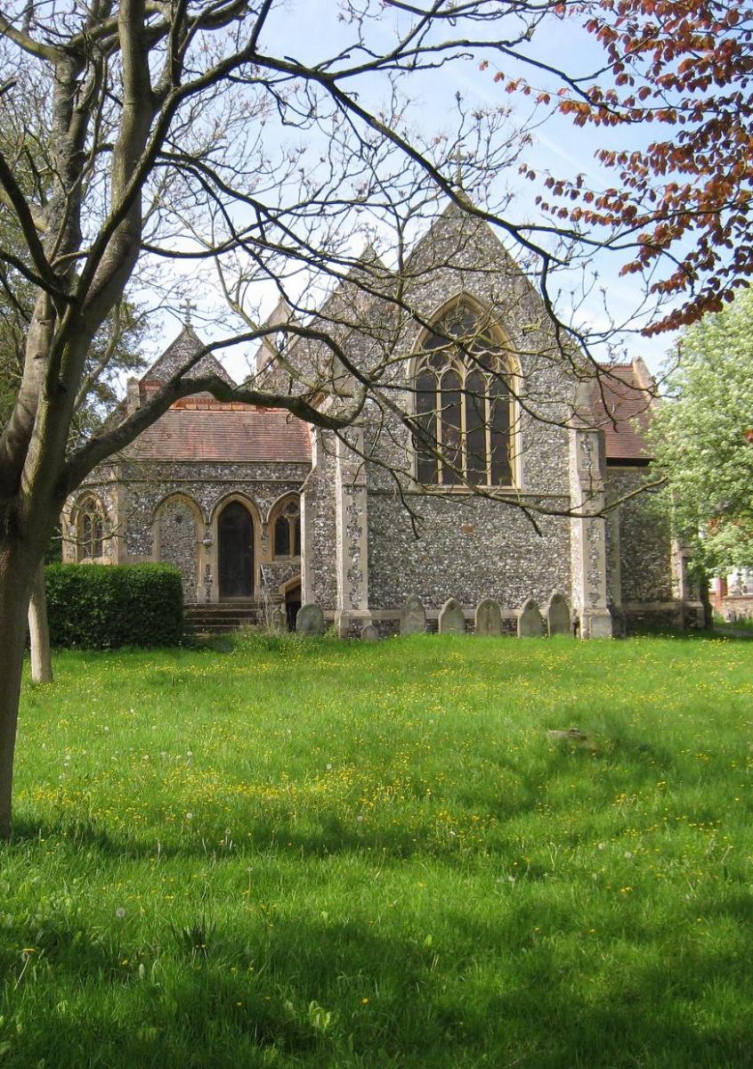 Holy Trinity church viewed from the east churchyard at buttercup time