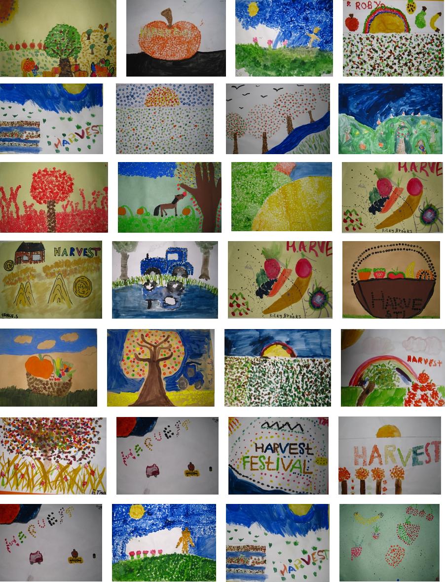 Harvest Festival pictures painted by pupils of Trinity Primary School